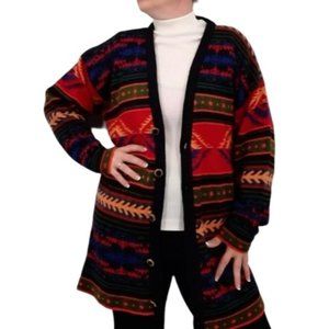 VTG 90s Kathryn Deene NY Colorful Funky Wool Knit Long Line Cardigan Sweater L